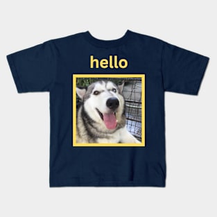 Cute Husky Dog Yellow Hello Kids T-Shirt